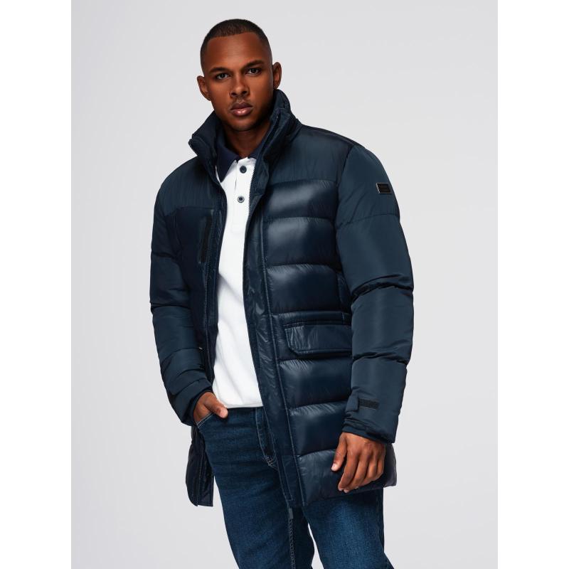 Férfi steppelt kabát kombinált anyagokból és kapucnival – sötétkék V3 OM-JALJ-0266