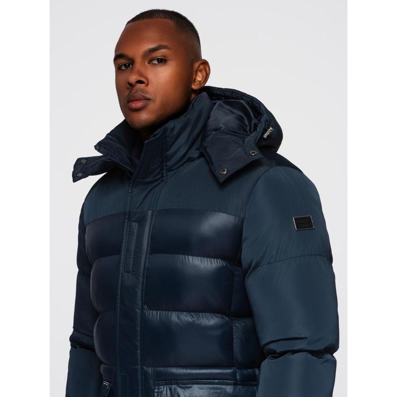 Férfi steppelt kabát kombinált anyagokból és kapucnival – sötétkék V3 OM-JALJ-0266