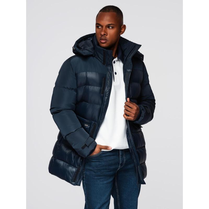 Férfi steppelt kabát kombinált anyagokból és kapucnival – sötétkék V3 OM-JALJ-0266