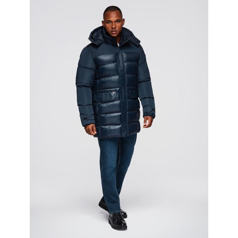 Férfi steppelt kabát kombinált anyagokból és kapucnival – sötétkék V3 OM-JALJ-0266