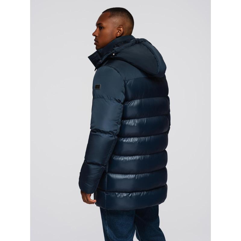 Férfi steppelt kabát kombinált anyagokból és kapucnival – sötétkék V3 OM-JALJ-0266