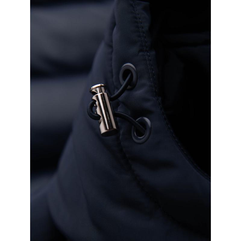 Férfi steppelt kabát kombinált anyagokból és kapucnival – sötétkék V3 OM-JALJ-0266