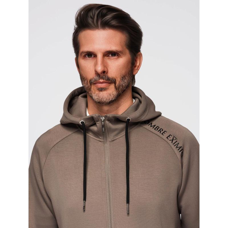 Pánská mikina bez knoflíků se stojáčkem a kapucí – šedohnědá V3 OM-SSZP-0216
