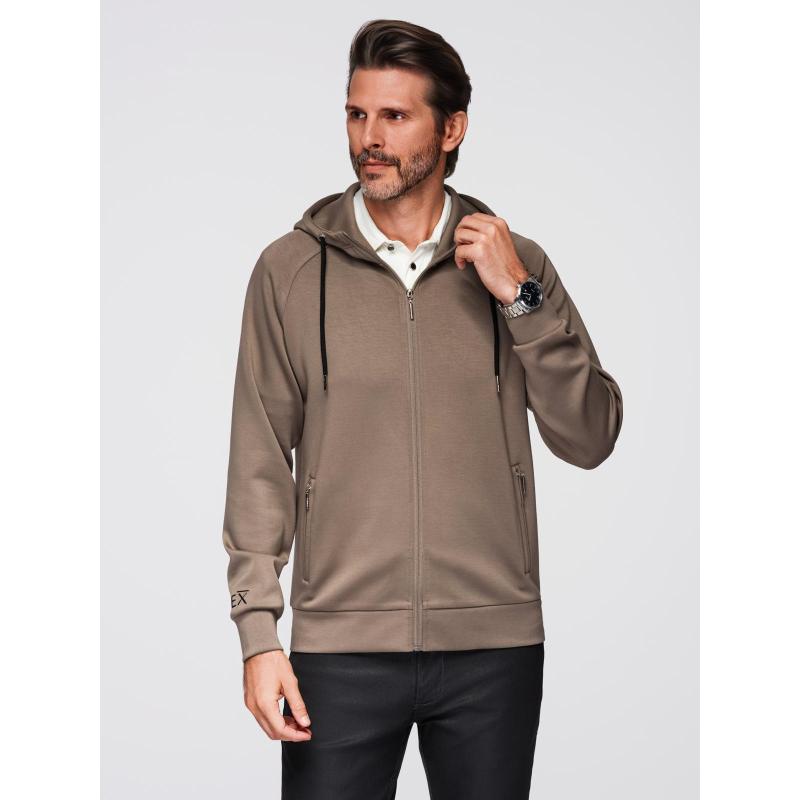 Pánská mikina bez knoflíků se stojáčkem a kapucí – šedohnědá V3 OM-SSZP-0216