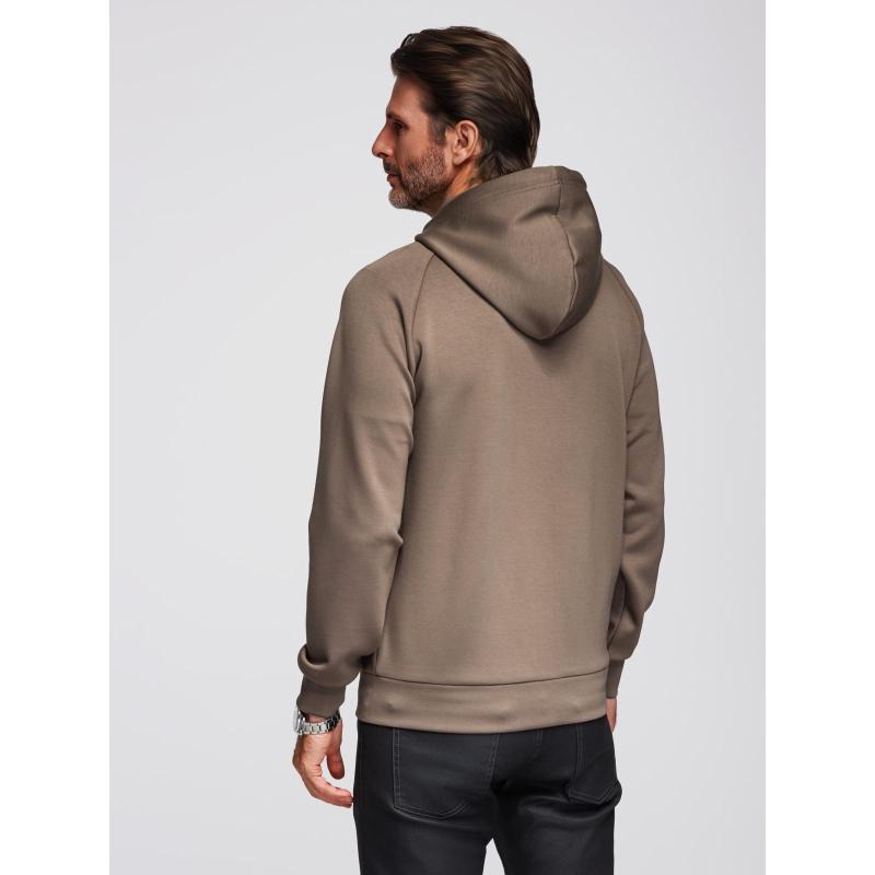 Pánská mikina bez knoflíků se stojáčkem a kapucí – šedohnědá V3 OM-SSZP-0216