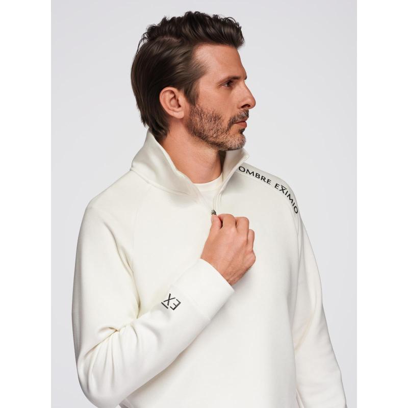 Pánská mikina s vysokým límcem bez knoflíků a kontrastním potiskem – ecru V2 OM-SSZP-0211