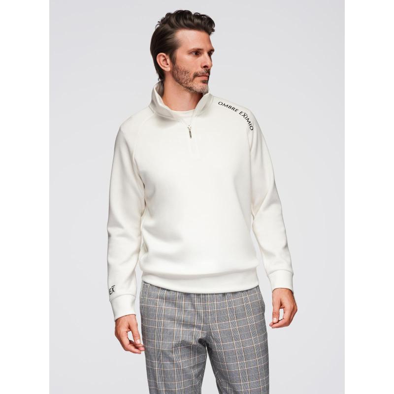 Pánská mikina s vysokým límcem bez knoflíků a kontrastním potiskem – ecru V2 OM-SSZP-0211