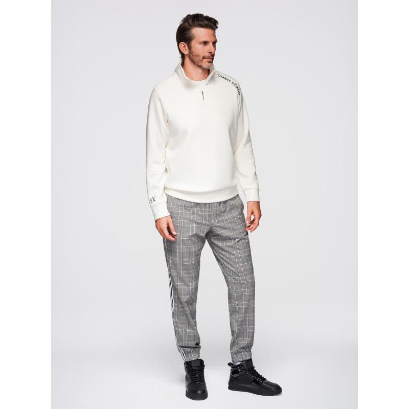 Pánská mikina s vysokým límcem bez knoflíků a kontrastním potiskem – ecru V2 OM-SSZP-0211