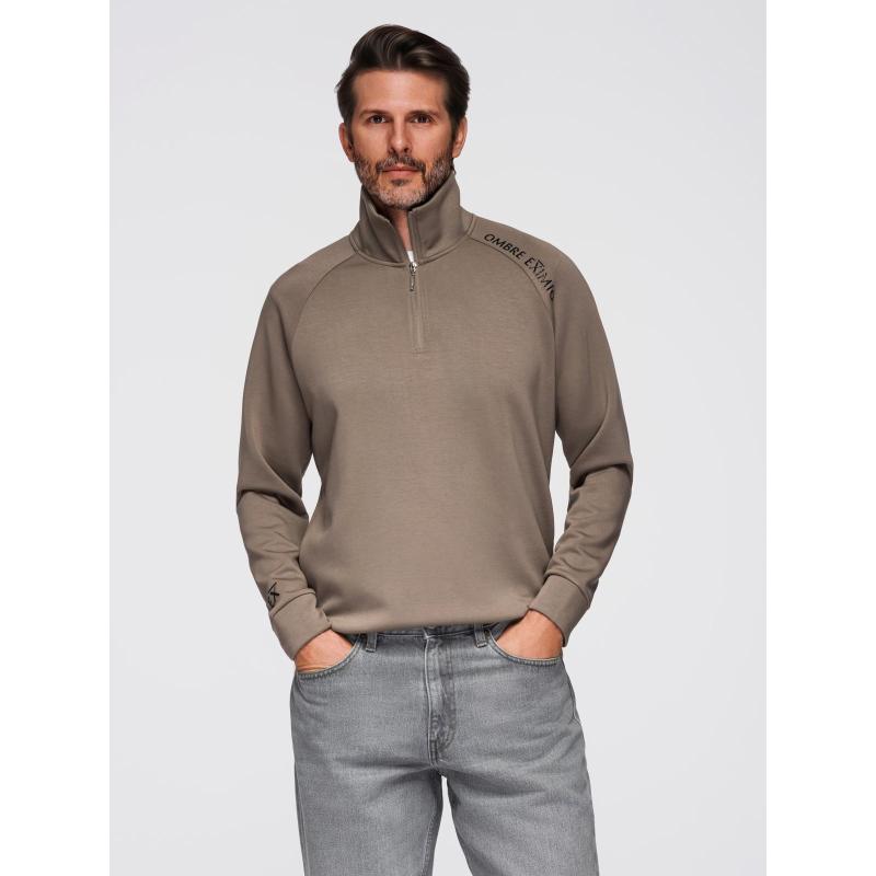 Pánská mikina s kontrastním potiskem a rozepínacím vysokým límcem – šedohnědá V3 OM-SSZP-0211