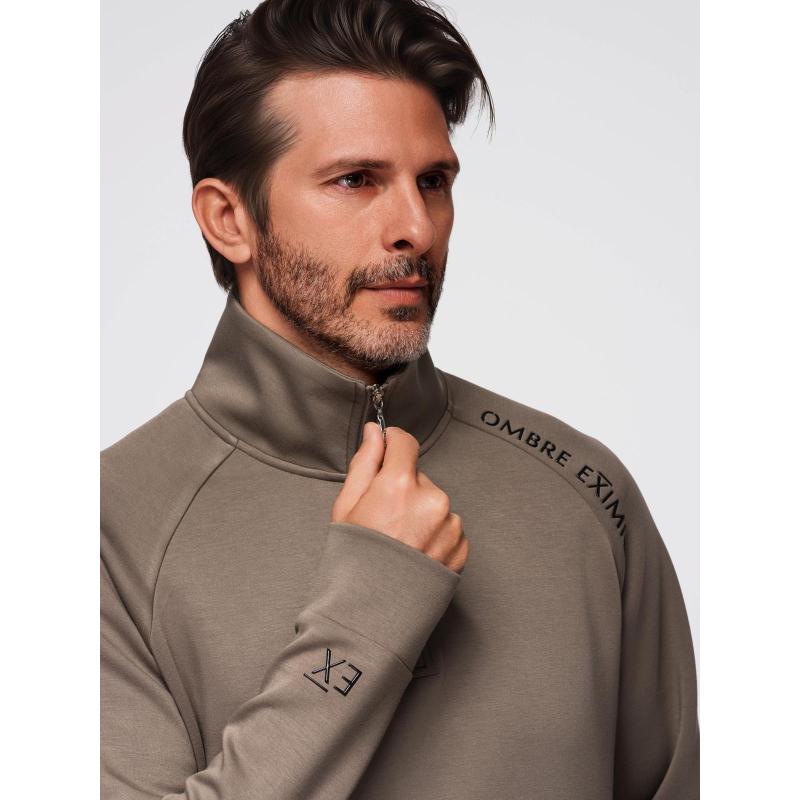 Pánská mikina s kontrastním potiskem a rozepínacím vysokým límcem – šedohnědá V3 OM-SSZP-0211