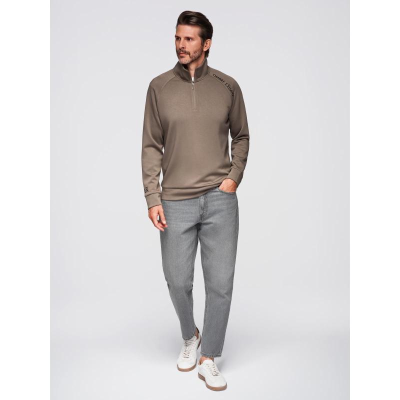 Pánská mikina s kontrastním potiskem a rozepínacím vysokým límcem – šedohnědá V3 OM-SSZP-0211