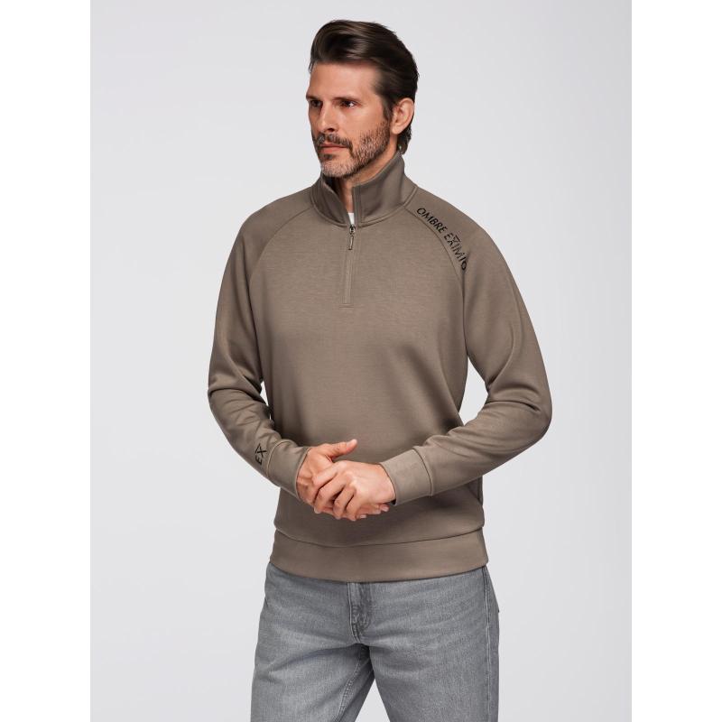 Pánská mikina s kontrastním potiskem a rozepínacím vysokým límcem – šedohnědá V3 OM-SSZP-0211