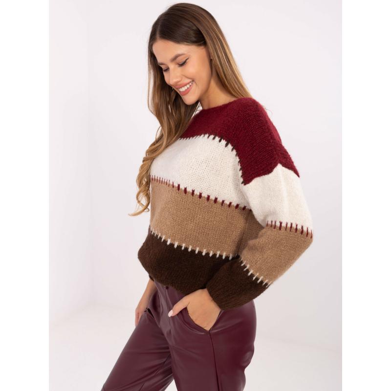 Bordově-ecru oversize svetr s příměsí vlny