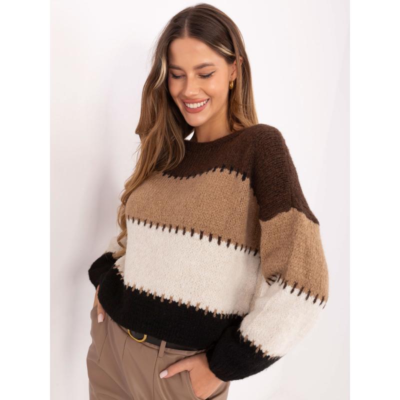 Barna és sötét bézs női pulóver csíkokkal