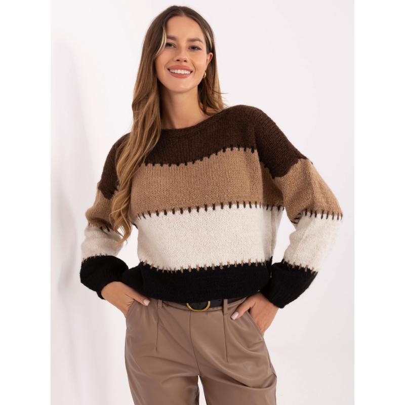 Barna és sötét bézs női pulóver csíkokkal