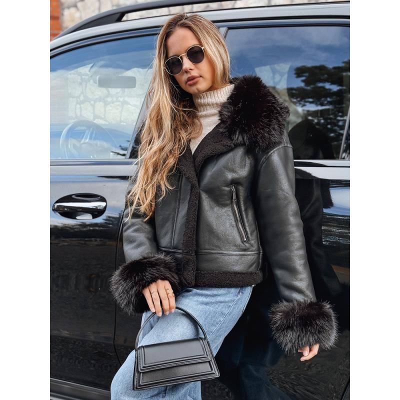 Dámska kožená bunda s kožušinou čierna