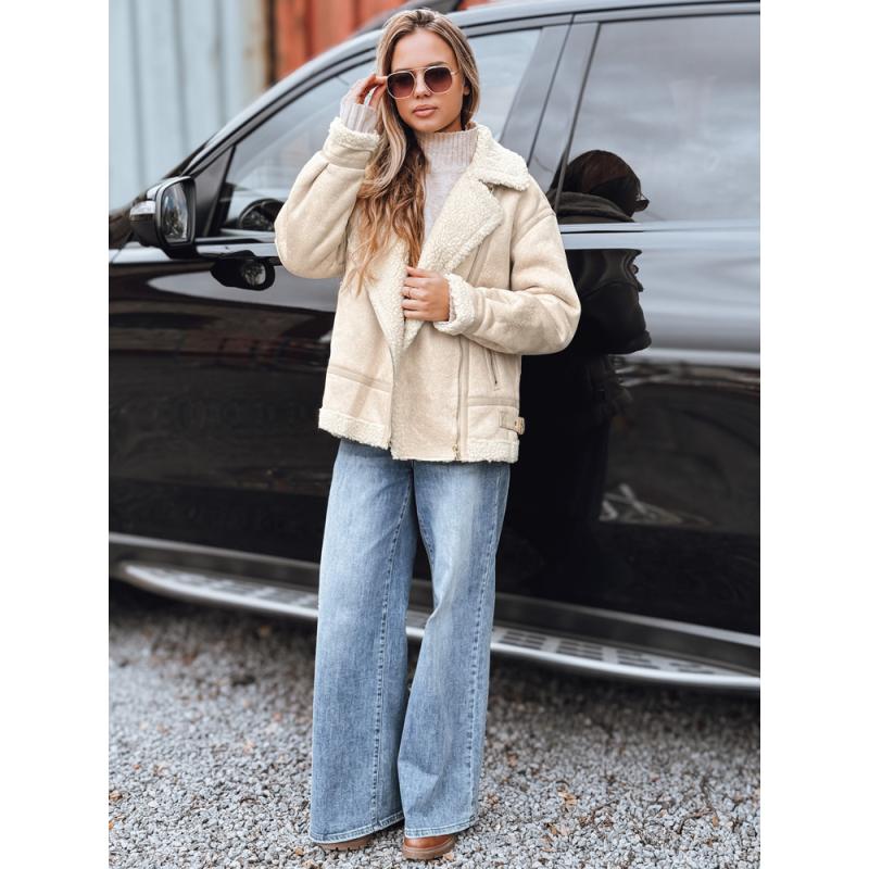 Női motoros kabát szőrme gallérral, bézs