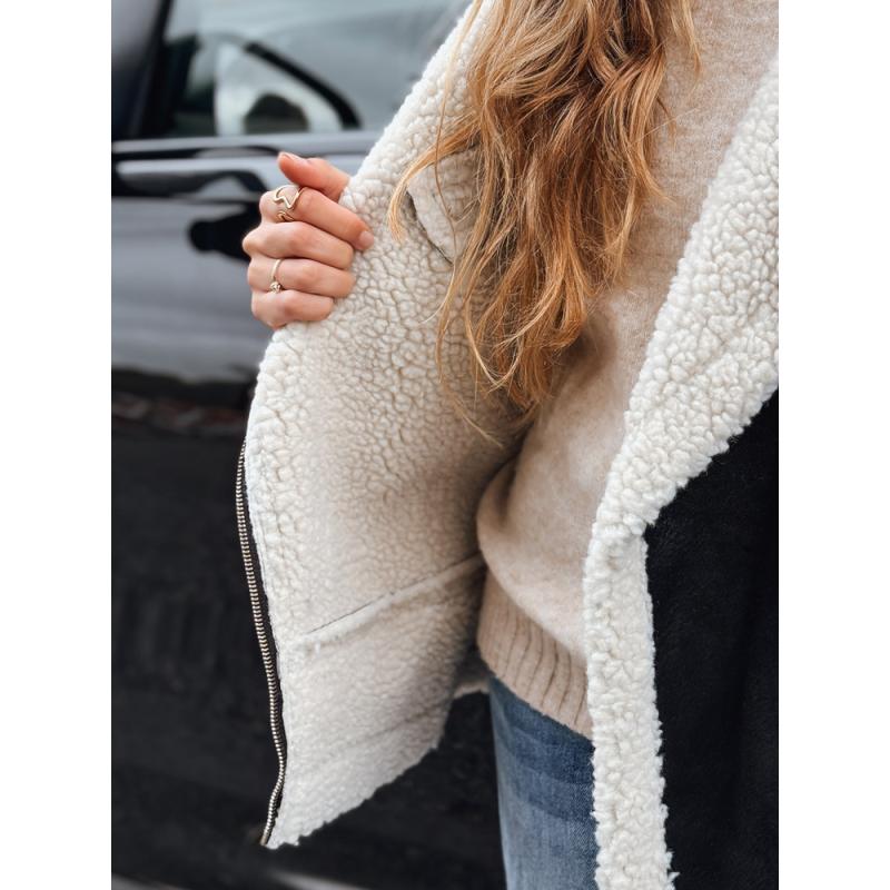 Női motoros kabát szőrme gallérral, fekete