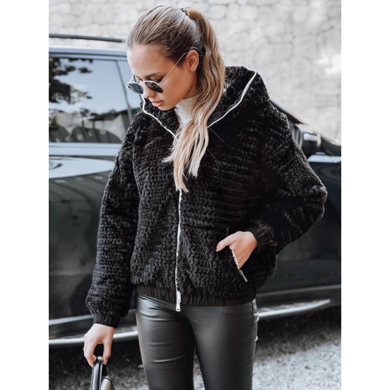 Női szőrme kabát kapucnival, fekete