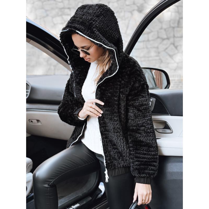 Női szőrme kabát kapucnival, fekete