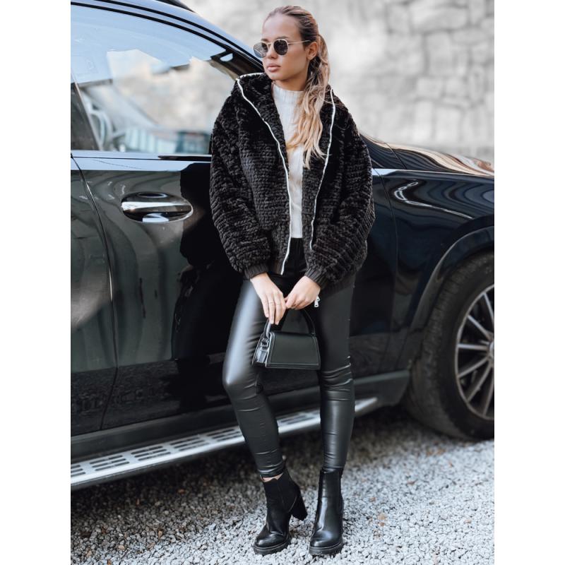 Női szőrme kabát kapucnival, fekete