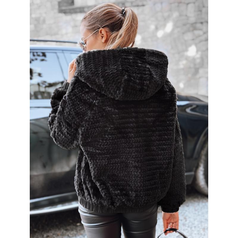 Női szőrme kabát kapucnival, fekete