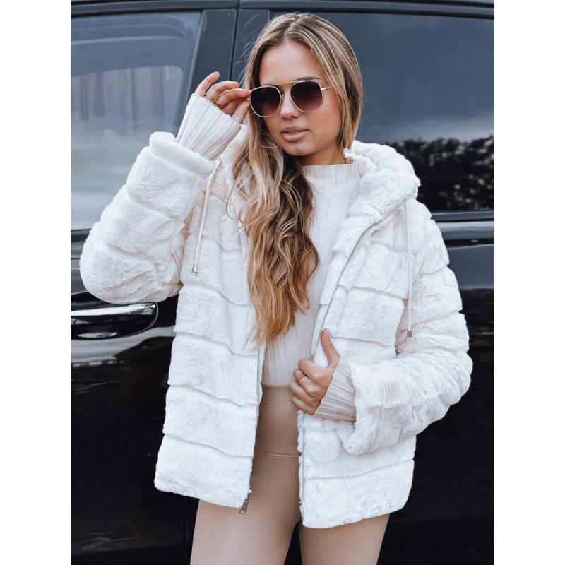 Női kétoldalas szőrme kabát kapucnival, világos bézs