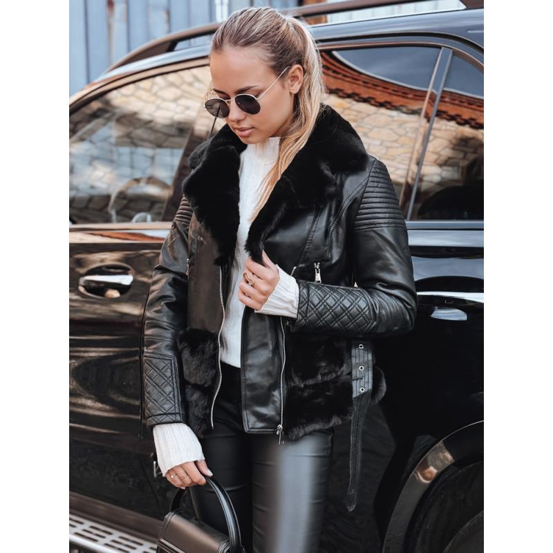 Dámska kožená motorkárska bunda s kožušinou, čierna