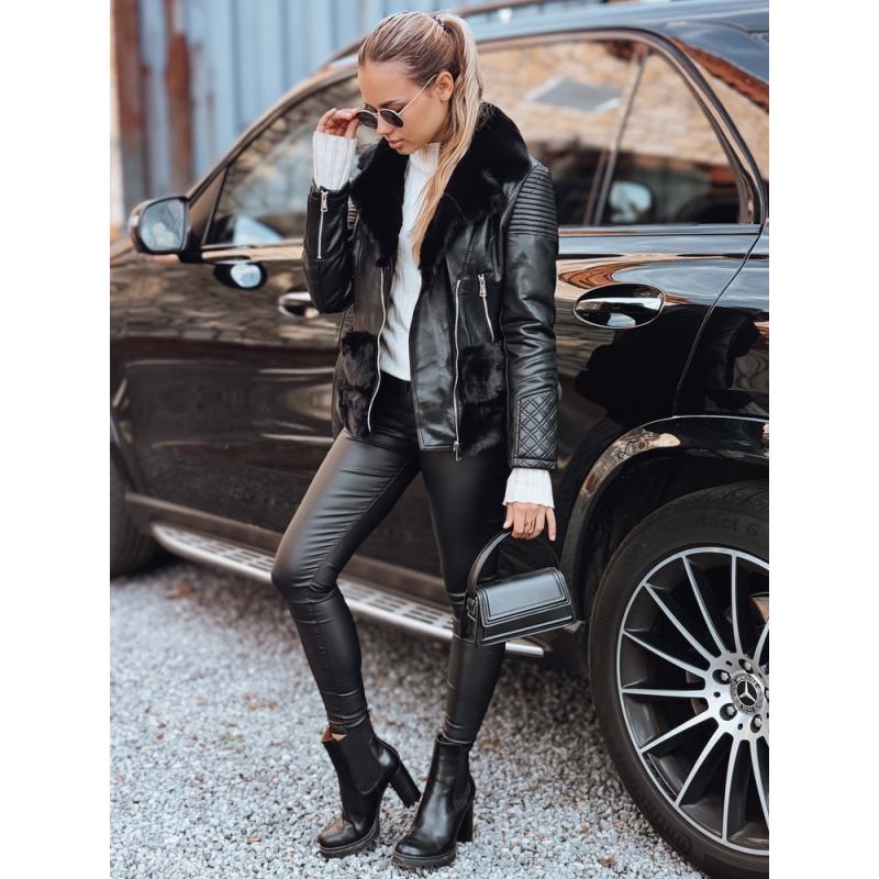 Dámska kožená motorkárska bunda s kožušinou, čierna