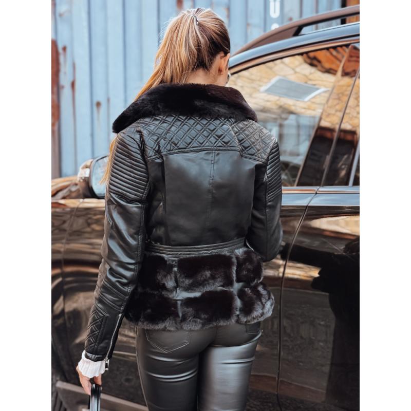 Dámska kožená motorkárska bunda s kožušinou, čierna