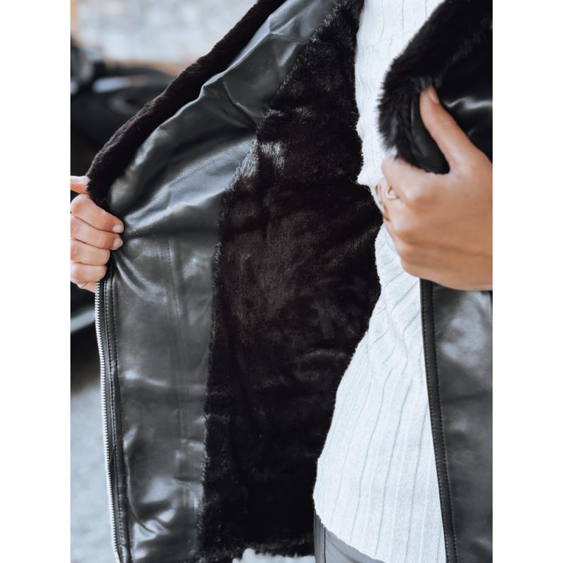 Dámska kožená motorkárska bunda s kožušinou, čierna