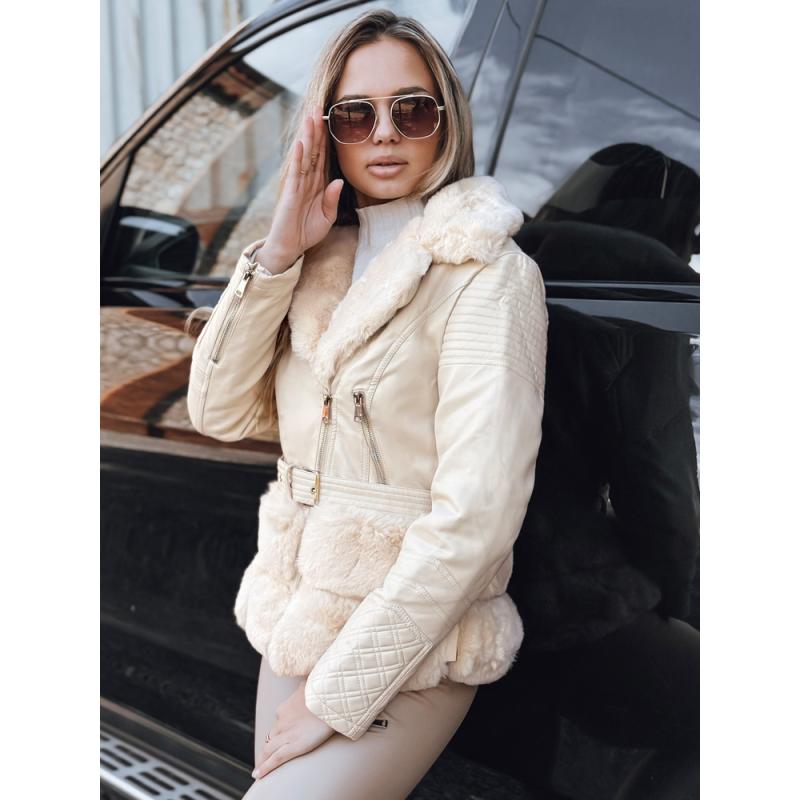 Dámska kožená motorkárska bunda s kožušinou, smotanová