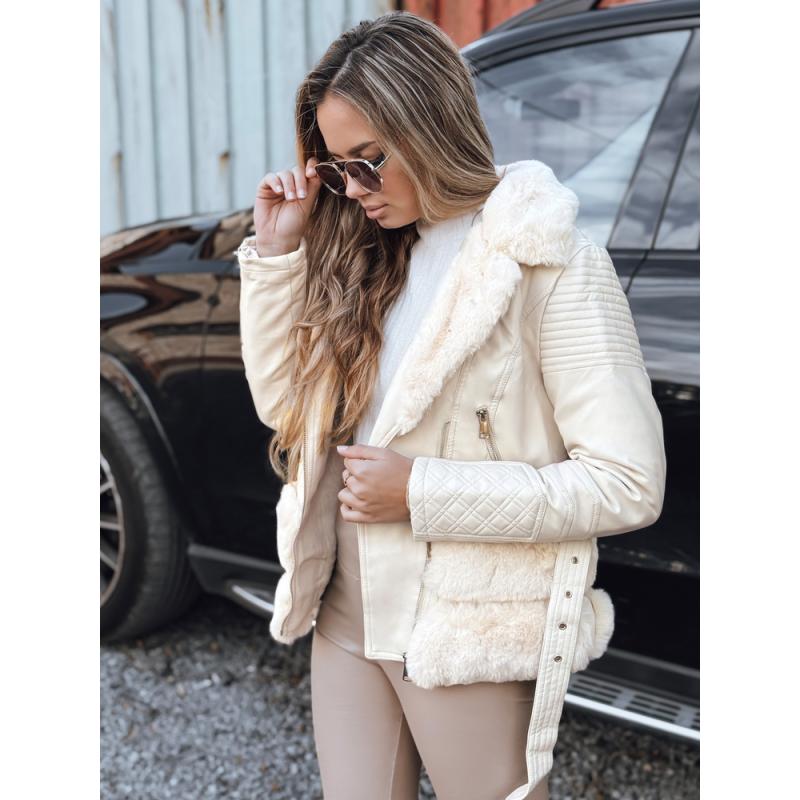 Dámska kožená motorkárska bunda s kožušinou, smotanová