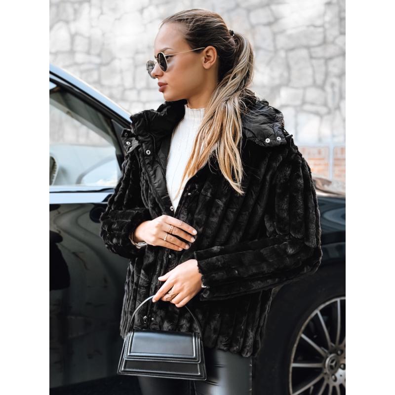 Dámská kožešinová bunda s kapucí, černá