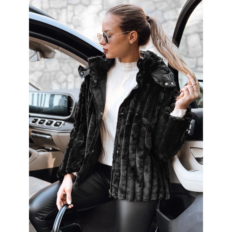 Dámská kožešinová bunda s kapucí, černá