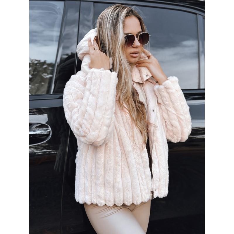 Dámská kožešinová bunda s kapucí, růžová