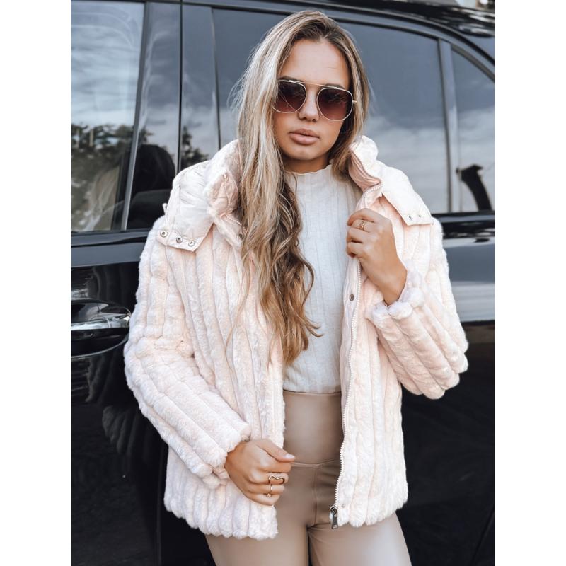 Dámská kožešinová bunda s kapucí, růžová