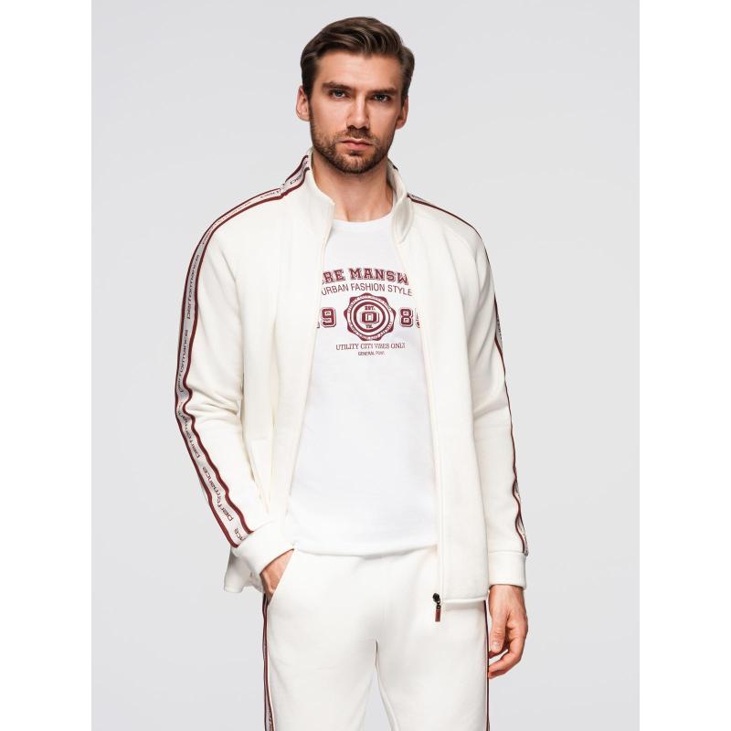 Pánská mikina bez knoflíků s lemováním a vysokým límcem – krémová V2 OM-SSZP-0224