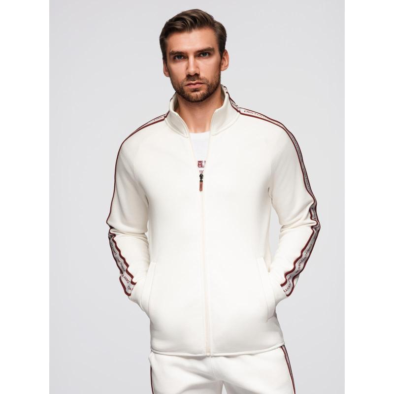 Pánská mikina bez knoflíků s lemováním a vysokým límcem – krémová V2 OM-SSZP-0224