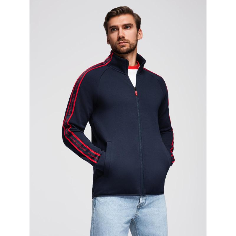 Pánská mikina bez knoflíků s lemováním a vysokým límcem – tmavě modrá V3 OM-SSZP-0224