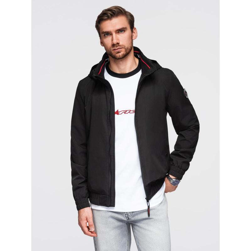 Pánska bunda s kapucňou a vysokým golierom – čierna V1 OM-JANP-0222