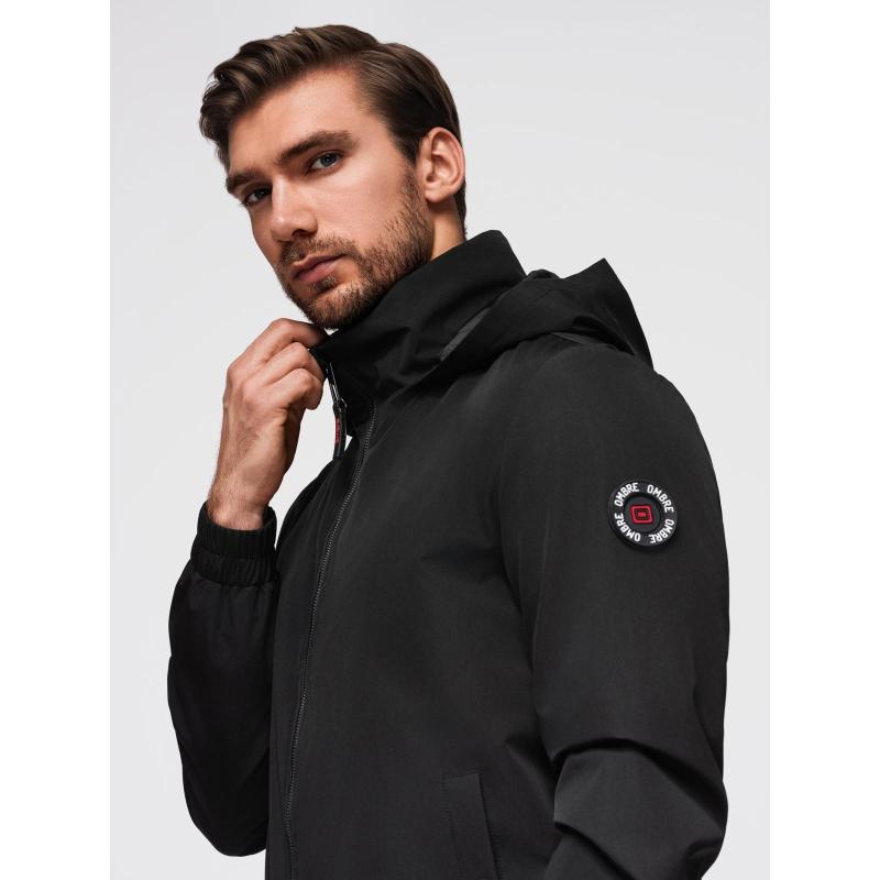 Pánska bunda s kapucňou a vysokým golierom – čierna V1 OM-JANP-0222