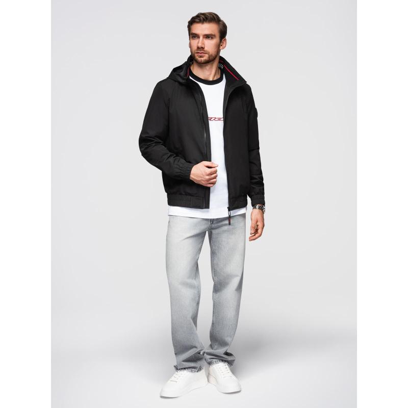 Pánska bunda s kapucňou a vysokým golierom – čierna V1 OM-JANP-0222