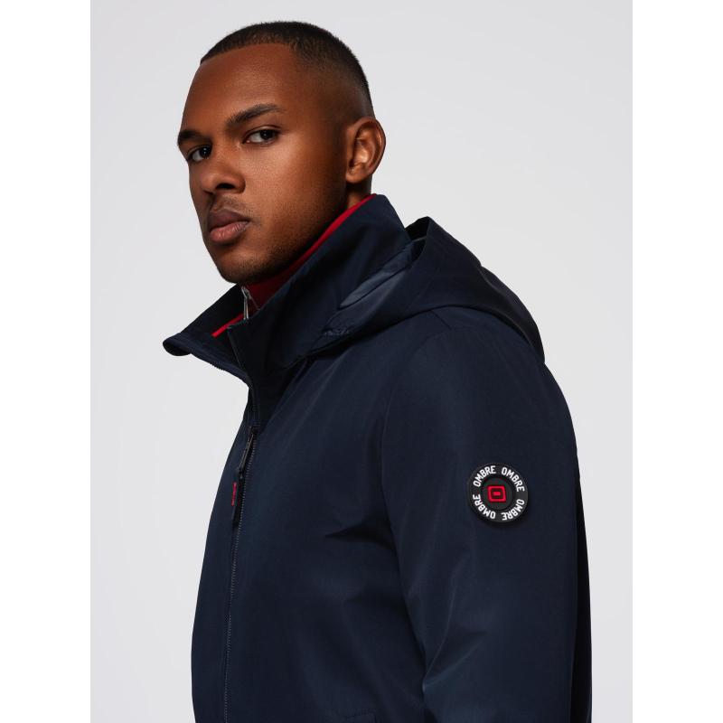 Férfi kabát kapucnival és magas gallérral – sötétkék V2 OM-JANP-0222