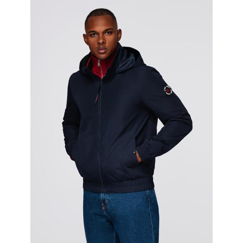 Férfi kabát kapucnival és magas gallérral – sötétkék V2 OM-JANP-0222
