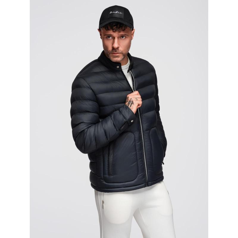 Pánska prešívaná klasická bunda so stojatým golierom – čierna V1 OM-JALP-0261