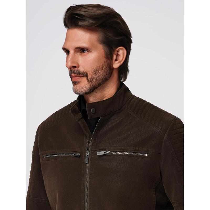 Štýlová pánska bunda z ekokože s golierom – tmavohnedá V1 C637