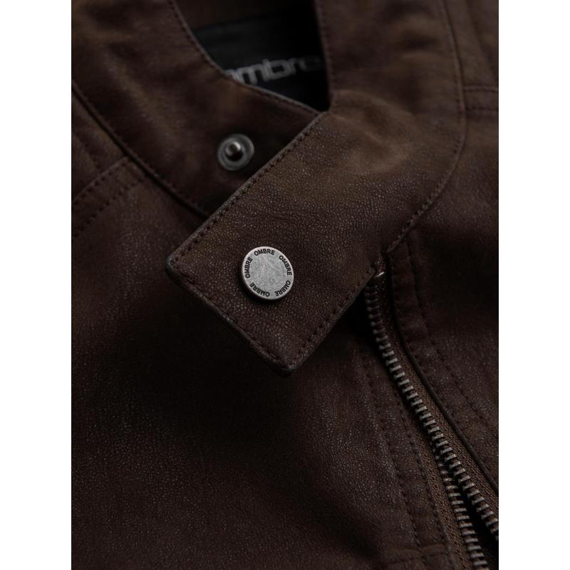 Štýlová pánska bunda z ekokože s golierom – tmavohnedá V1 C637