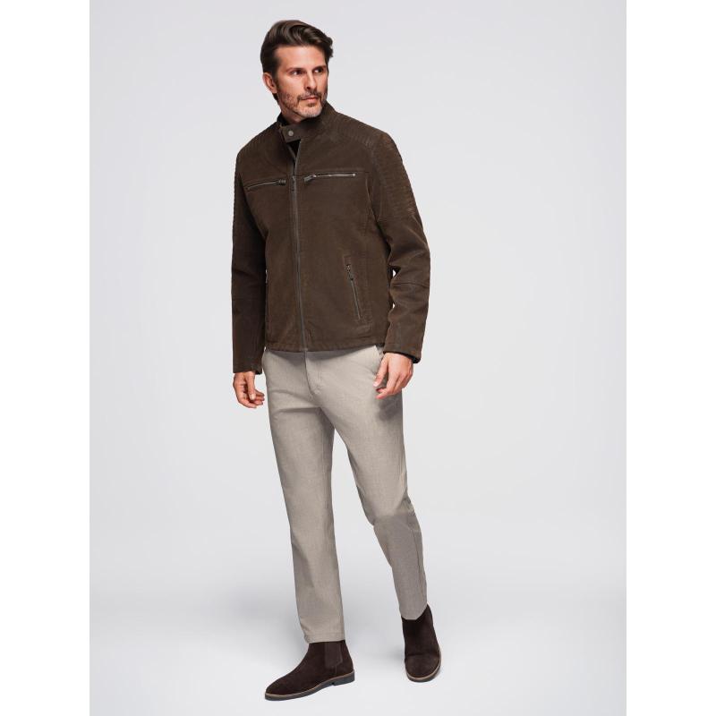 Štýlová pánska bunda z ekokože s golierom – tmavohnedá V1 C637