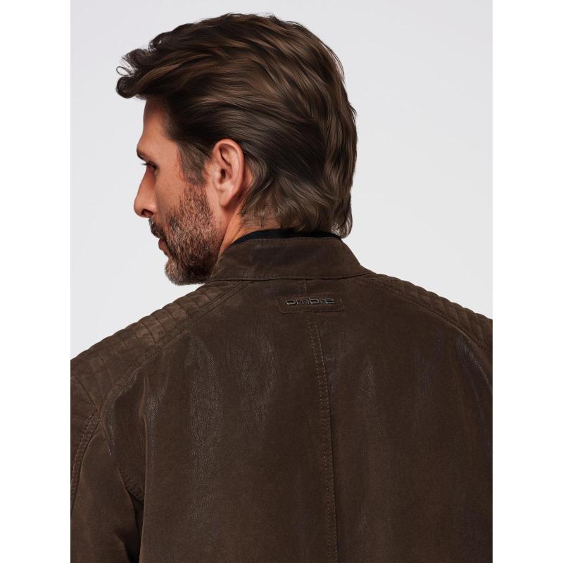 Štýlová pánska bunda z ekokože s golierom – tmavohnedá V1 C637